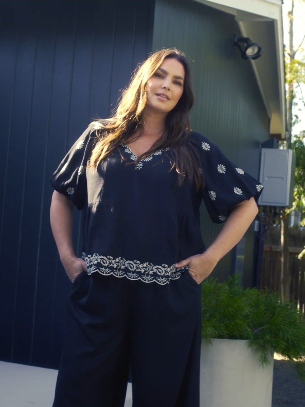 Black Embroidered V-Neck Blouse